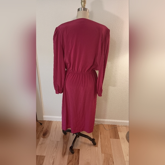 Vtg 80s Fuschia Tie-Neck Midi Dress - Picture 2 of 4